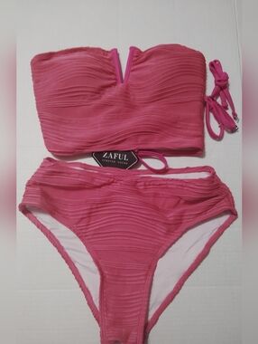 Zaful Hot Pink Textured Bandeau Bikini Set with Removable Straps